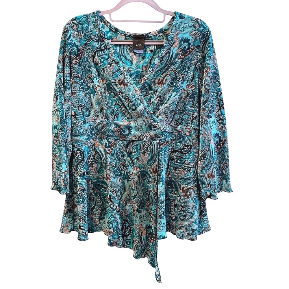 j.t.b. Paisley Pleated Surplice Faux Wrap Blouse Teal Brown Boho Women Large